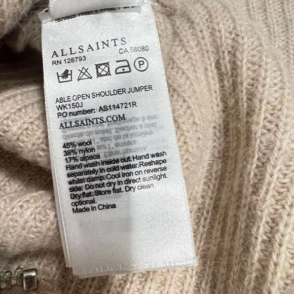 AllSaints Open Shoulder Jumper Sweater Cream Wool Able Style Size Small - Picture 6 of 12
